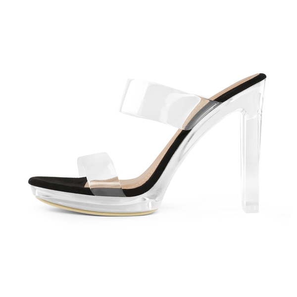 Clear Strap Block Heel Sandals - BLACK CLEAR - 1